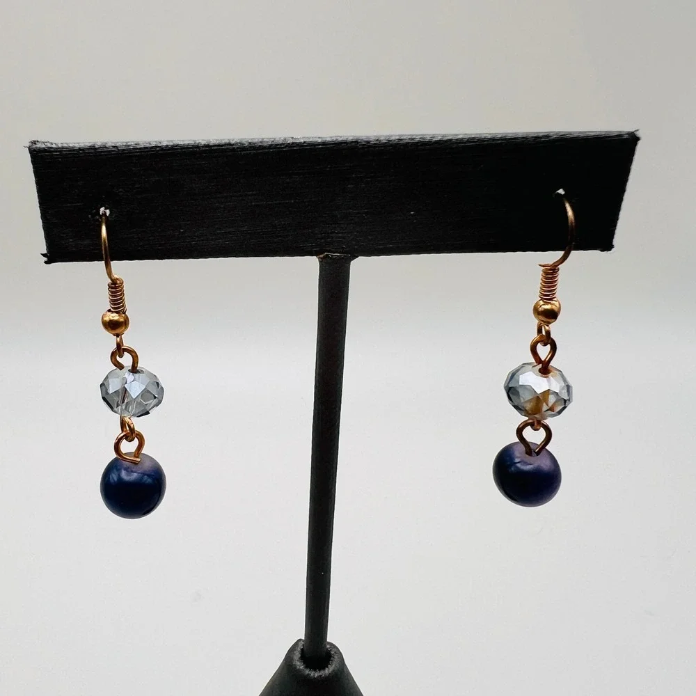 Handmade Blue Beaded Dangle Earrings Gold Tone French Hook Faceted Drop